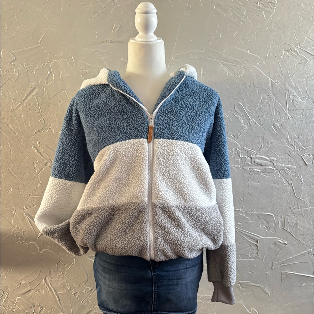 Colorblock Sherpa Zip-Up Blue, Grey & White Fuzzy Fleece Jacket